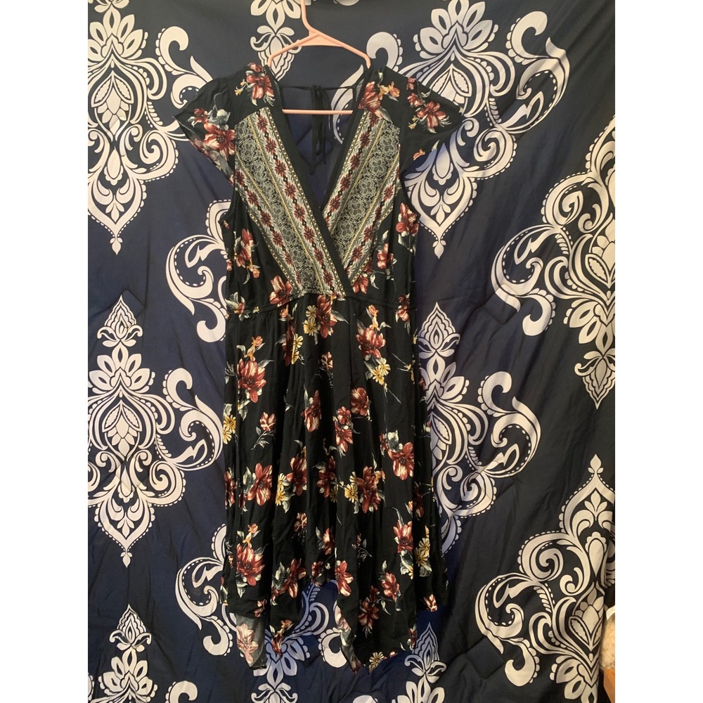 Xhilaration Womens Floral Handkerchief Hem Boho Midi Dress Black Size L